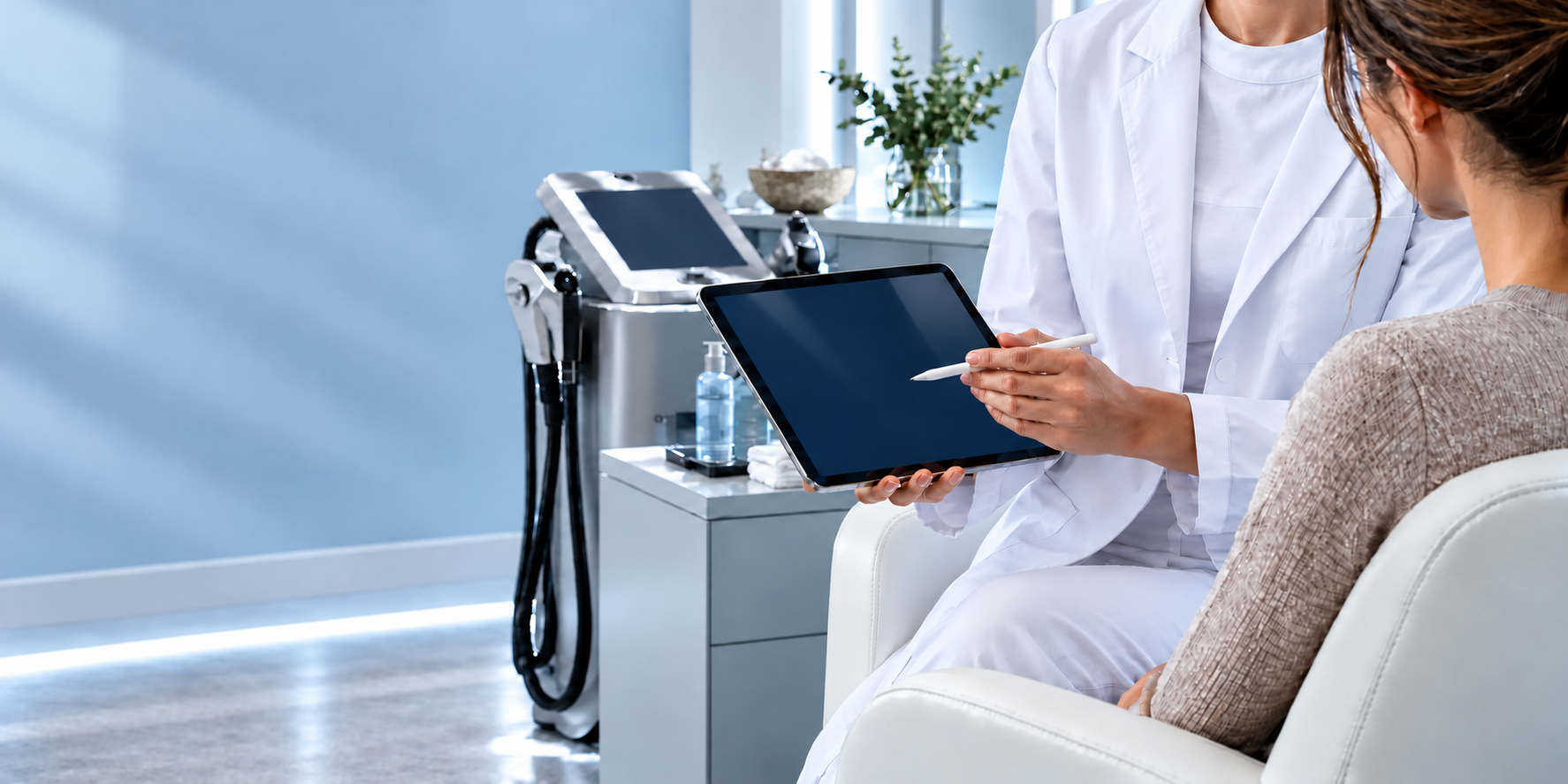 A personalised consultation with a practitioner holding a tablet