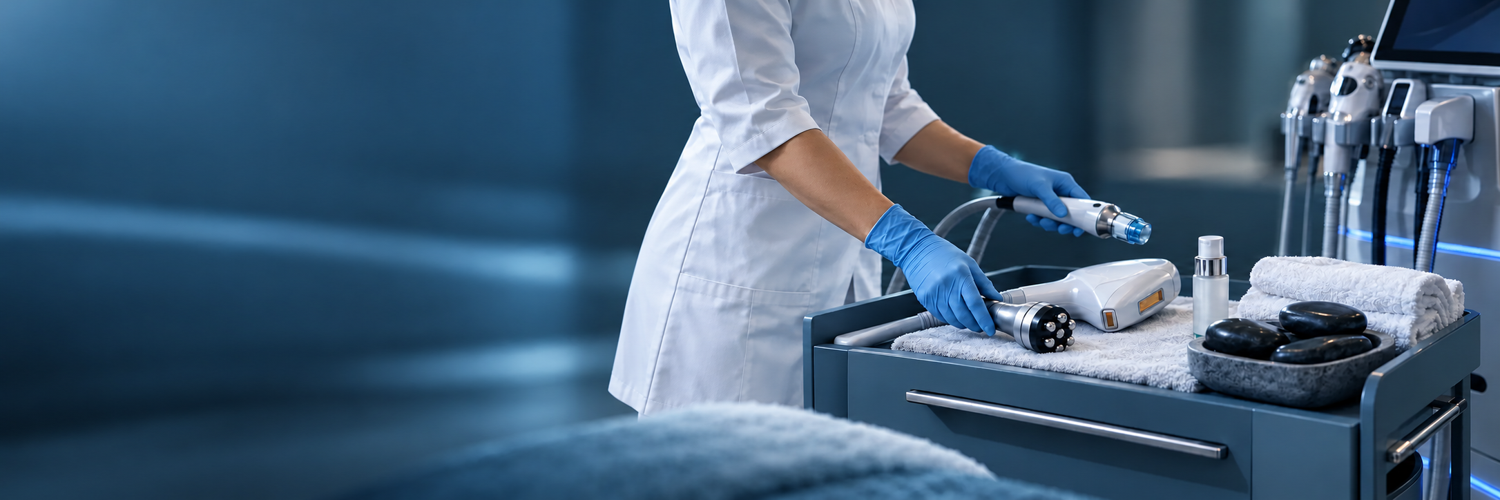 A practitioner in a white clinical coat and blue gloves preparing advanced aesthetic treatment equipment