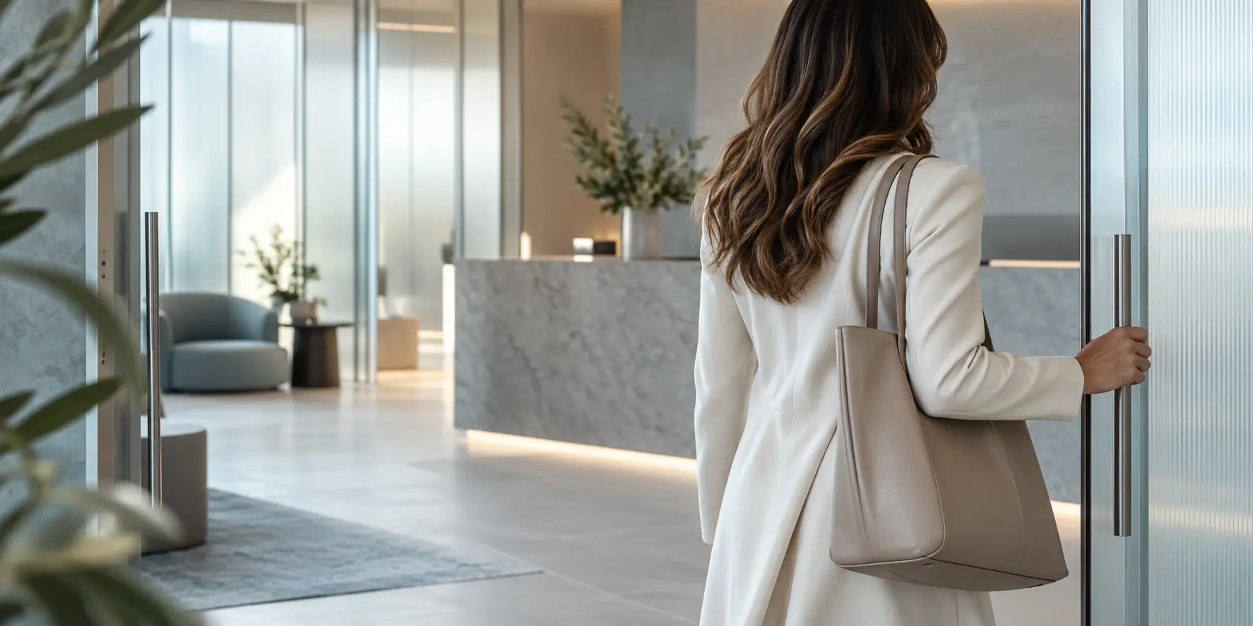 A client arriving for an appointment at a calm modern clinic